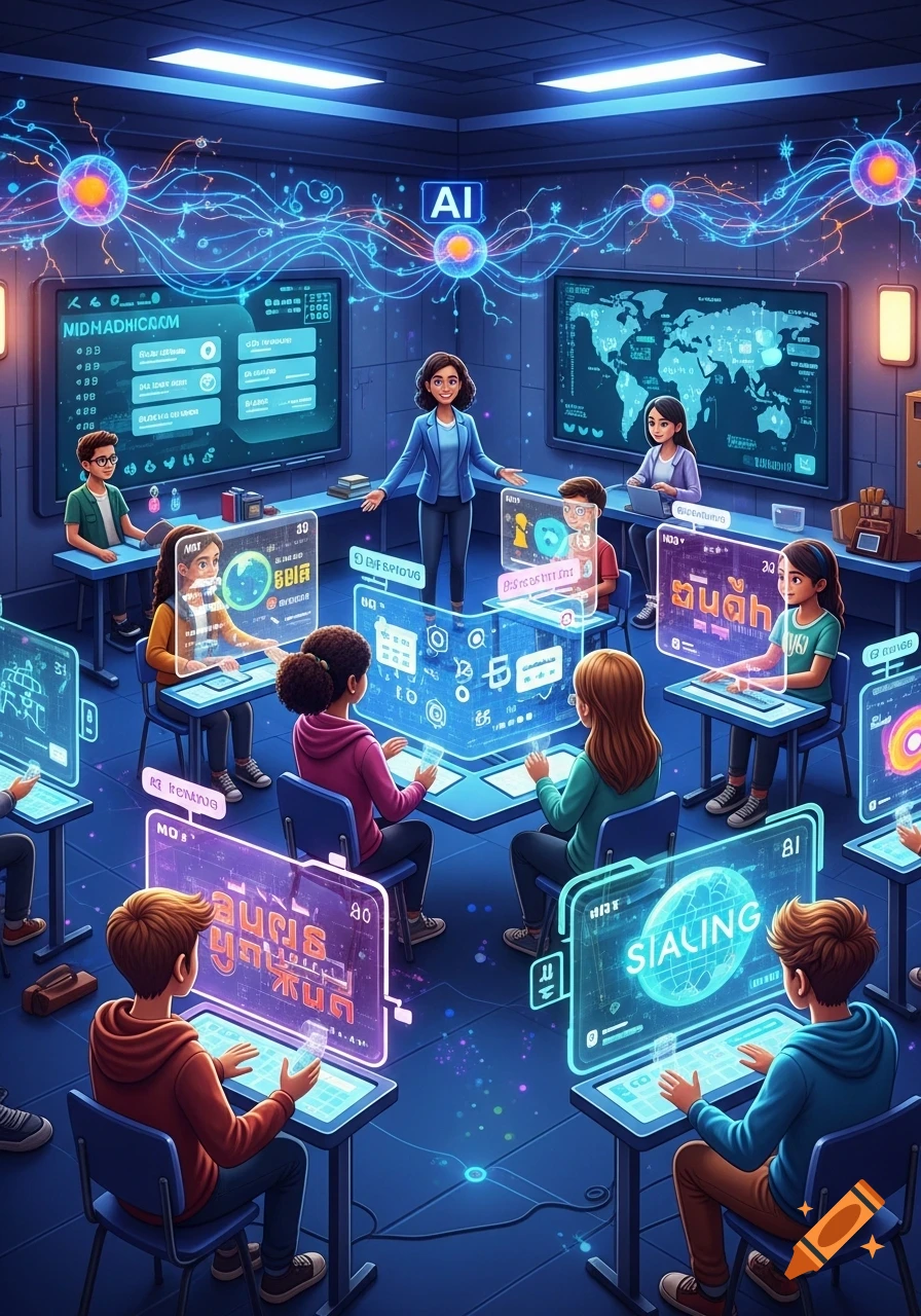 An animated classroom scene where a teacher instructs students using futuristic holographic screens and digital displays, depicting artificial intelligence in education.