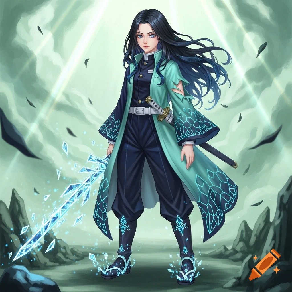 Anime character with long black hair, teal coat, and crystalline sword standing in a misty, rocky landscape.