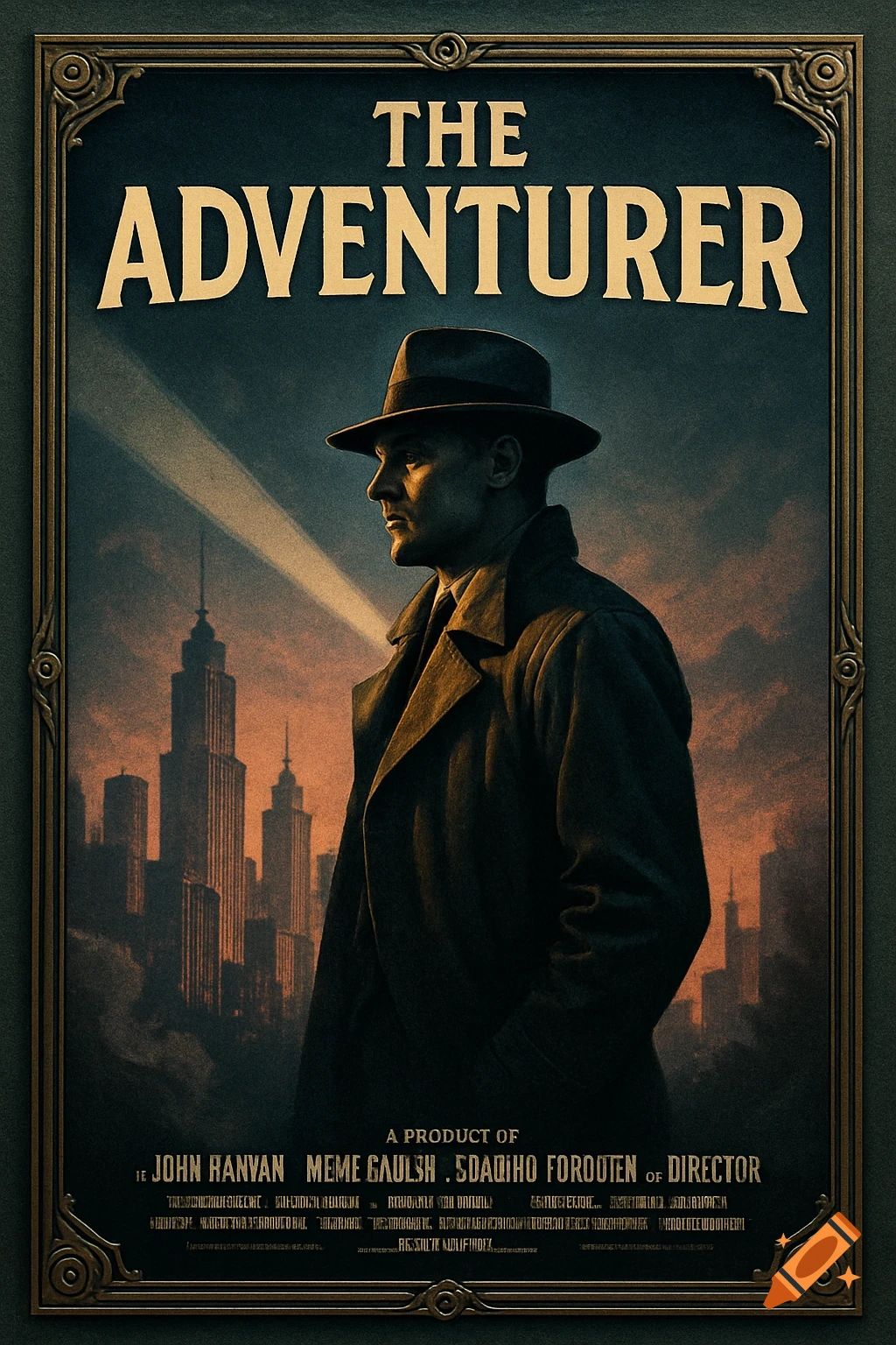 A retro movie poster features a man in a fedora and trench coat against a city skyline with a searchlight. The title "THE ADVENTURER" is at the top.