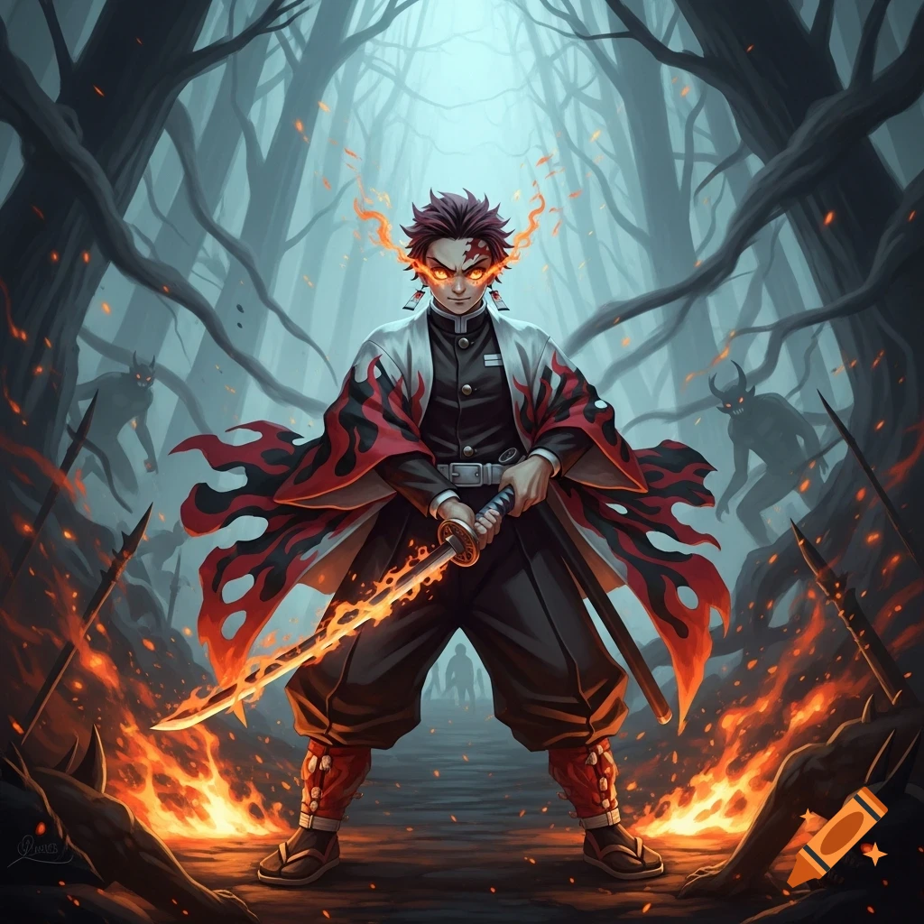 Anime character resembling Tanjiro Kamado stands defiantly in a dark, misty forest, holding a flaming sword, surrounded by fire and shadowy demons.