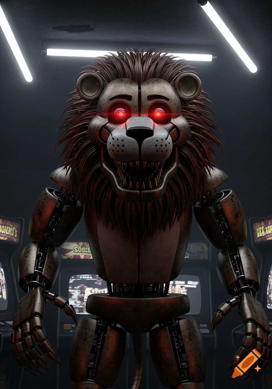 A menacing lion animatronic with glowing red eyes and sharp teeth stands in a dark arcade, in a horror video game style.