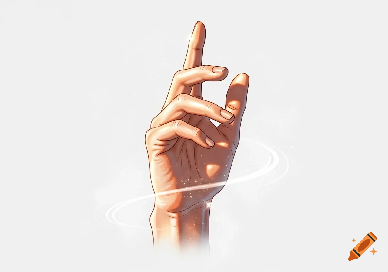 Stylized illustration of an upward-pointing hand with warm light and sparkling effects.
