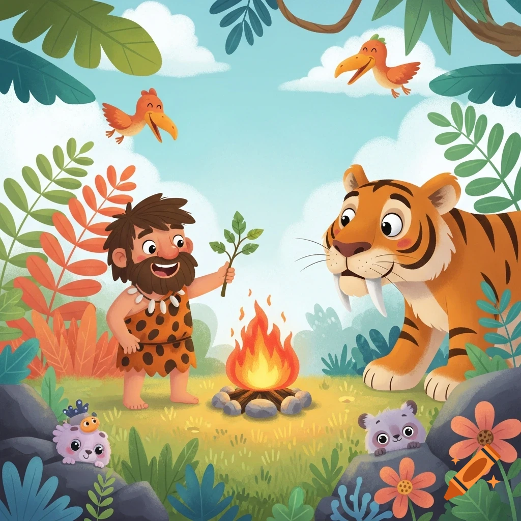 A cartoon caveman with a branch stands by a campfire, looking at a saber-tooth tiger in a lush jungle with small animals.
