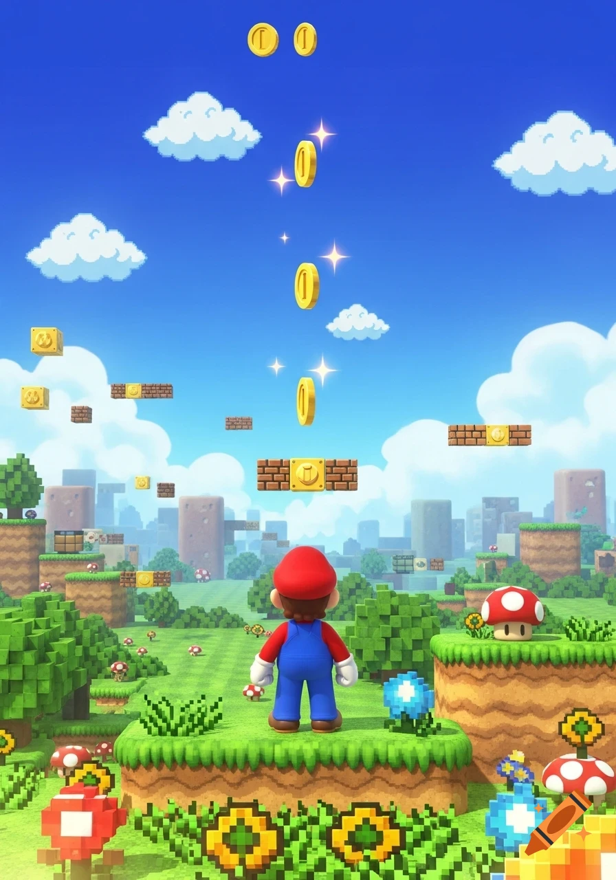 Mario stands in a colorful, pixelated video game world under a blue sky, looking up at floating coins and question blocks.