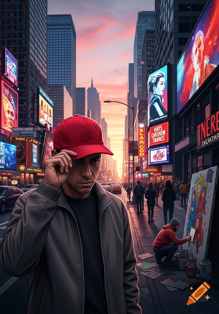 A man in a red cap stands on a city street with skyscrapers and illuminated billboards, while a street artist paints nearby.