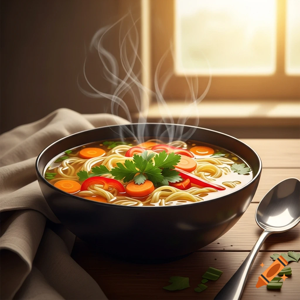 A photorealistic bowl of steaming soup with noodles, carrots, peppers, and parsley, on a wooden table with a spoon, lit by window light.