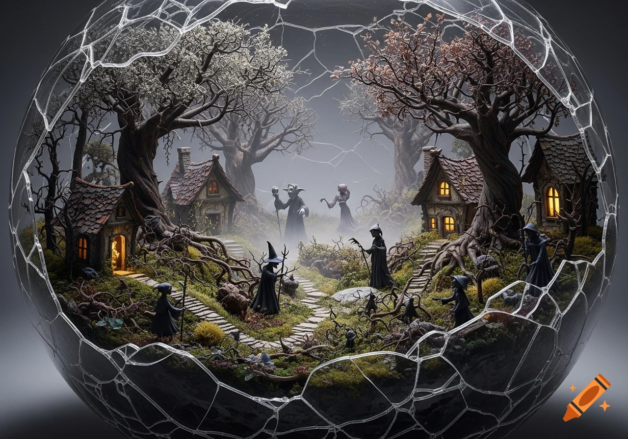 A miniature dark fantasy scene inside a fractured glass sphere, featuring witches and goblins among twisted trees and crumbling cottages.