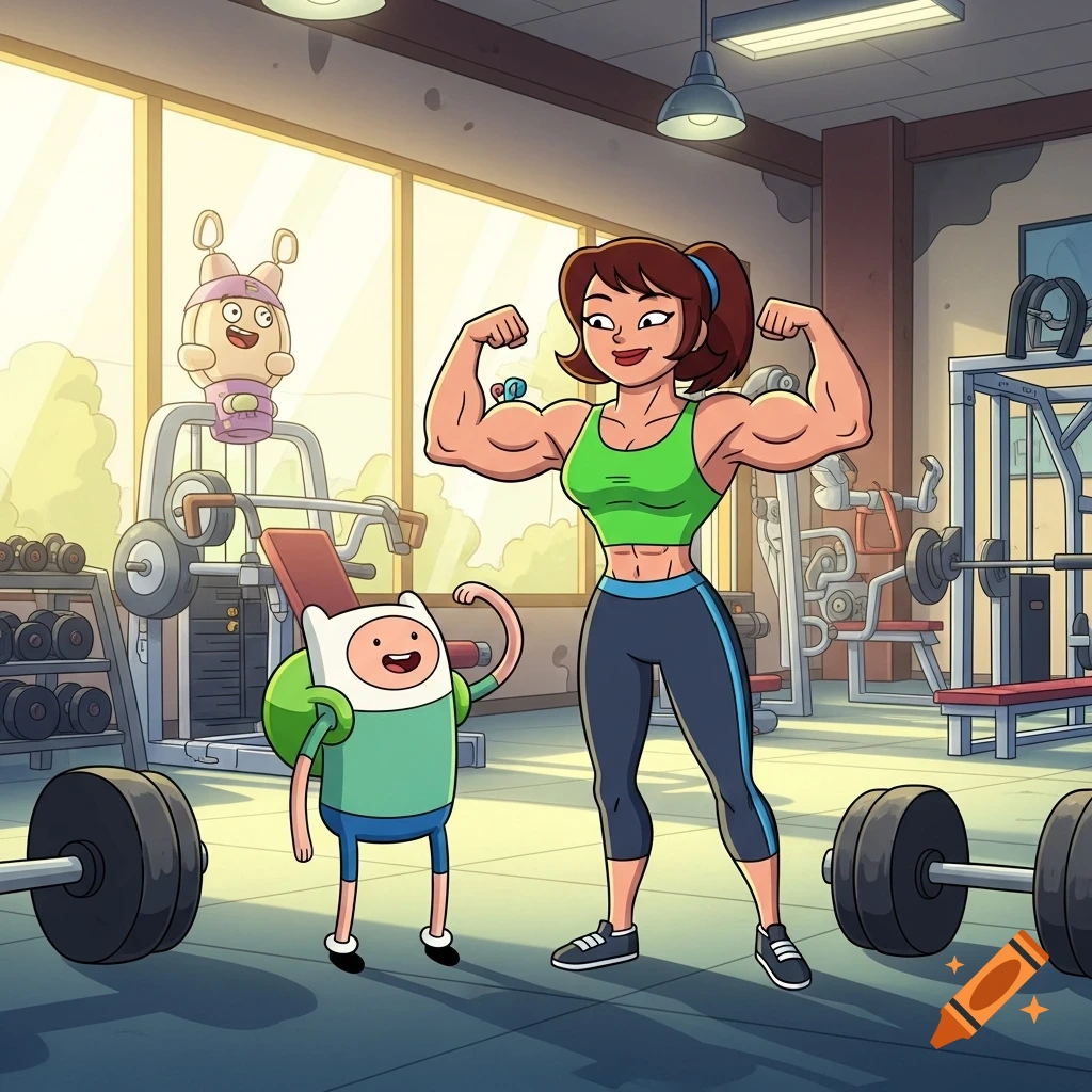 Finn's muscular mom flexes alongside Finn at a cartoon gym, with a floating creature on equipment.