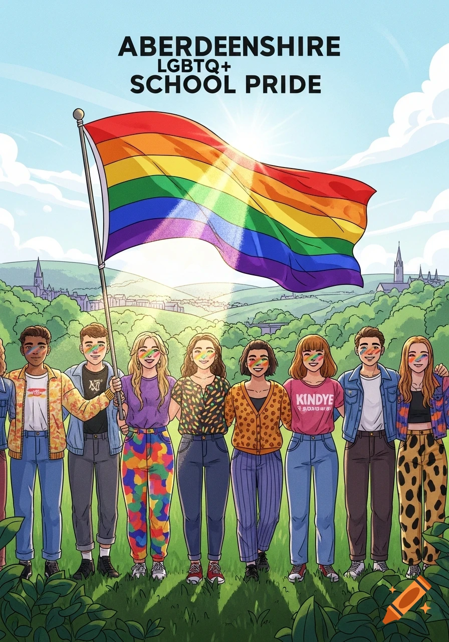 Illustration of diverse youth holding a large rainbow pride flag in a park, with "Aberdeenshire LGBTQ+ School Pride" text.