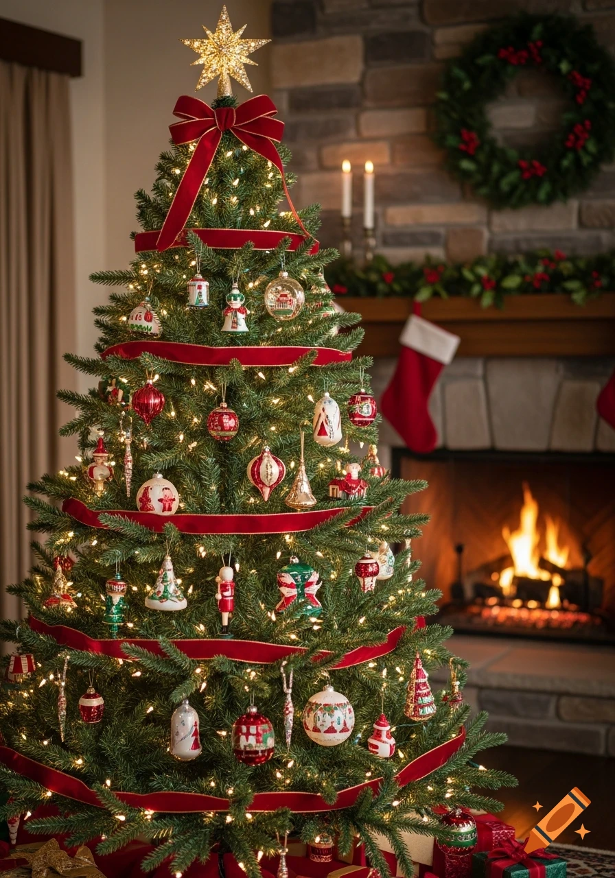 A beautifully decorated Christmas tree with lights, red ribbon, and assorted ornaments, standing in a cozy room beside a lit fireplace with stockings.
