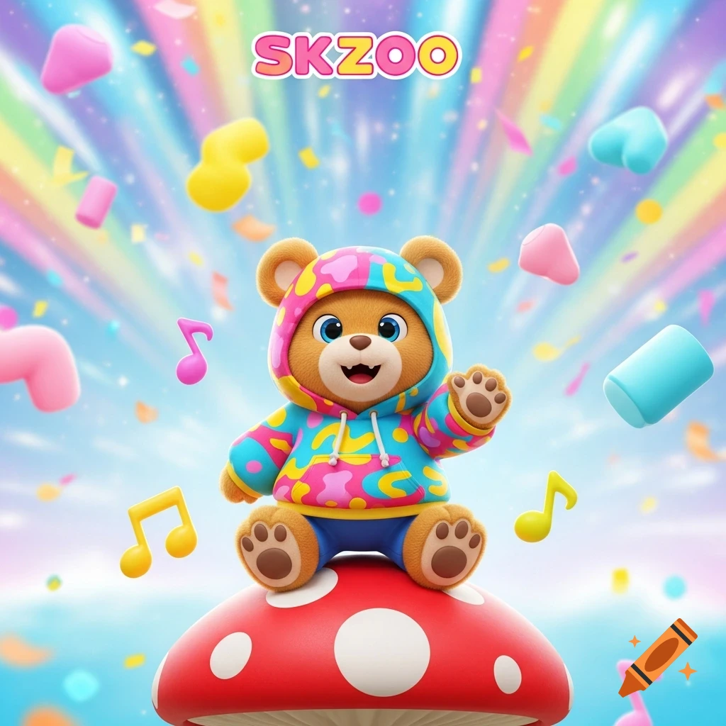 A cute brown cartoon bear in a colorful hoodie sits on a red mushroom, waving, under a rainbow sky with music notes. Text 'SKZOO'.