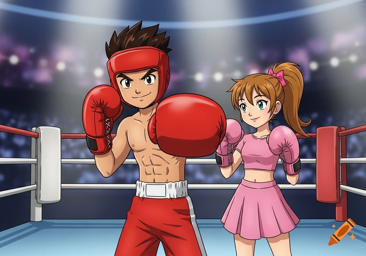Cartoon boy in red boxing gear and girl in pink boxing gear stand in a boxing ring.