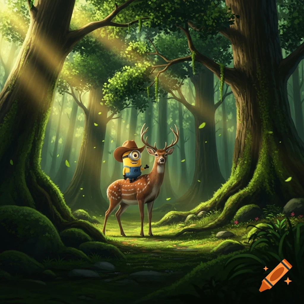 A minion wearing a cowboy hat rides a deer through a sun-dappled green forest.