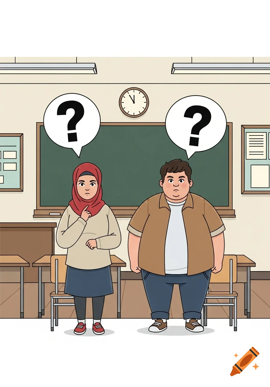 Cartoon illustration of a girl in a red hijab and an overweight boy standing thoughtfully in a classroom, both with question marks above their heads.