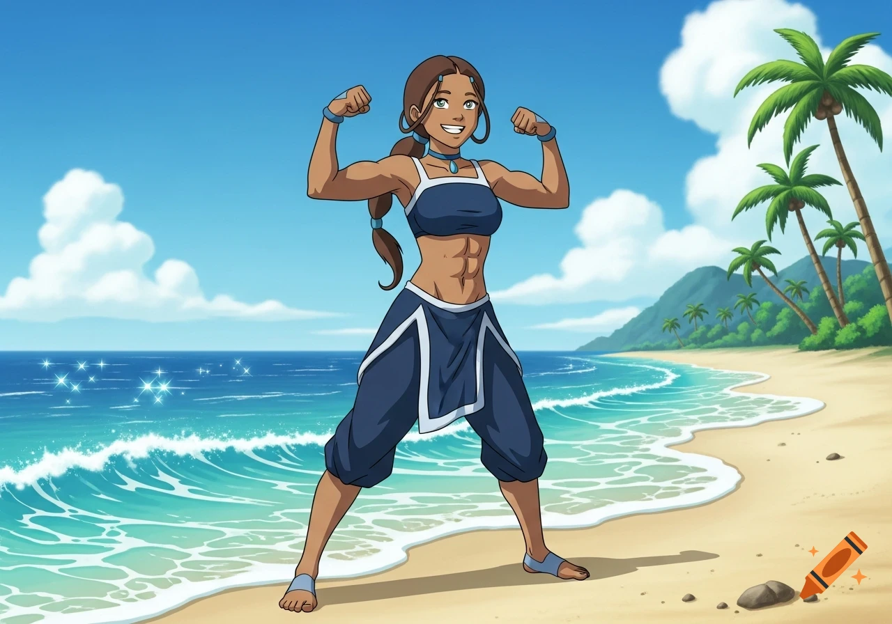 Katara from Avatar the Last Airbender, a muscular woman, flexes proudly on a sunny beach in a cartoon anime style.