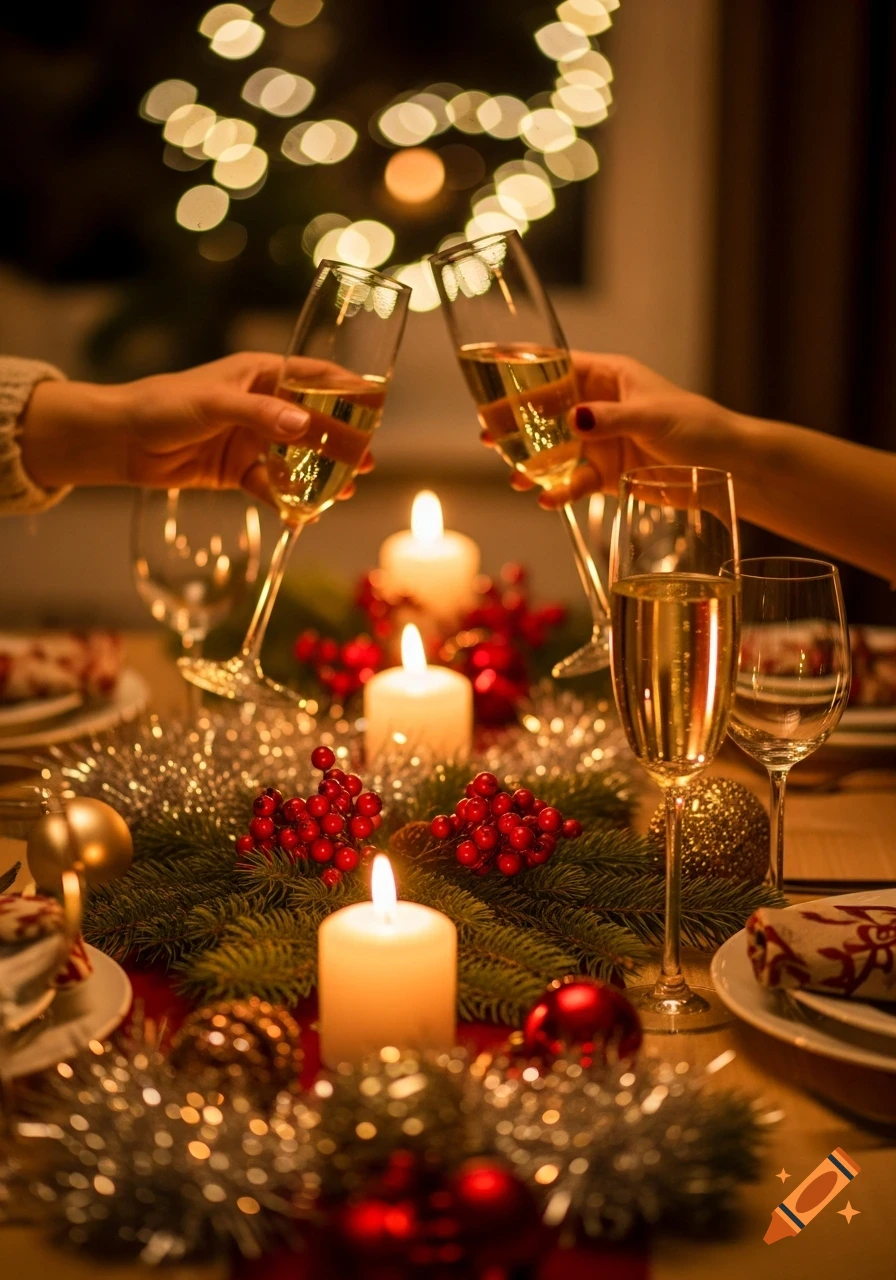 Two people toast with champagne glasses at a festive, candlelit Christmas table decorated with garlands and red berries.