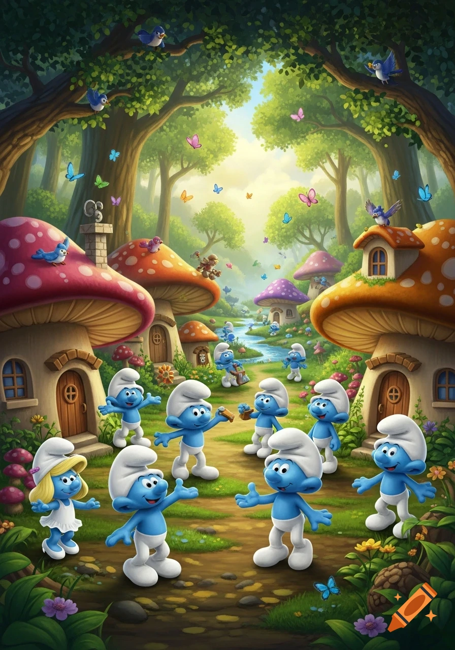 Blue Smurfs, including Smurfette, gather in a vibrant mushroom village in a magical forest with butterflies.