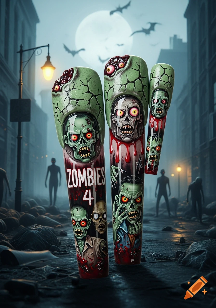 Close-up of three zombie-themed artificial nails with detailed faces and 'ZOMBIES 4' text, against a foggy city street with zombie silhouettes and a full moon.