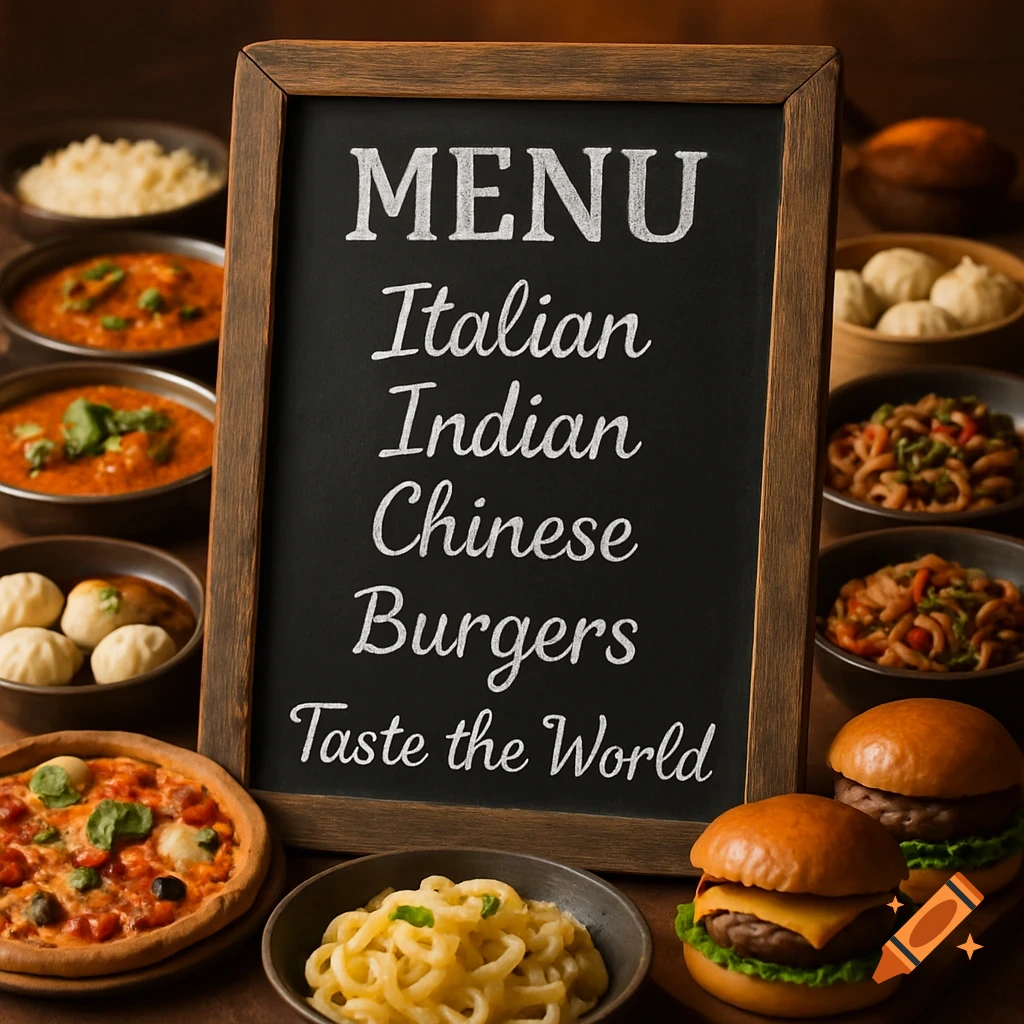 A chalkboard menu lists 'Italian', 'Indian', 'Chinese', 'Burgers', and 'Taste the World', surrounded by bowls of diverse food like pizza, pasta, and curries.