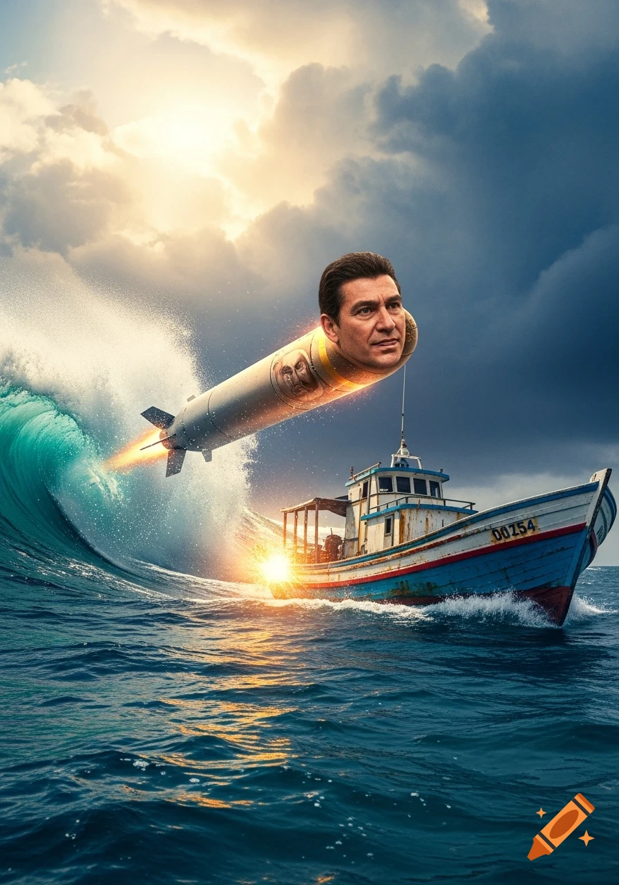 A man's head on a missile emerges from a wave, trailing fire, next to a fishing boat on a stormy sea.