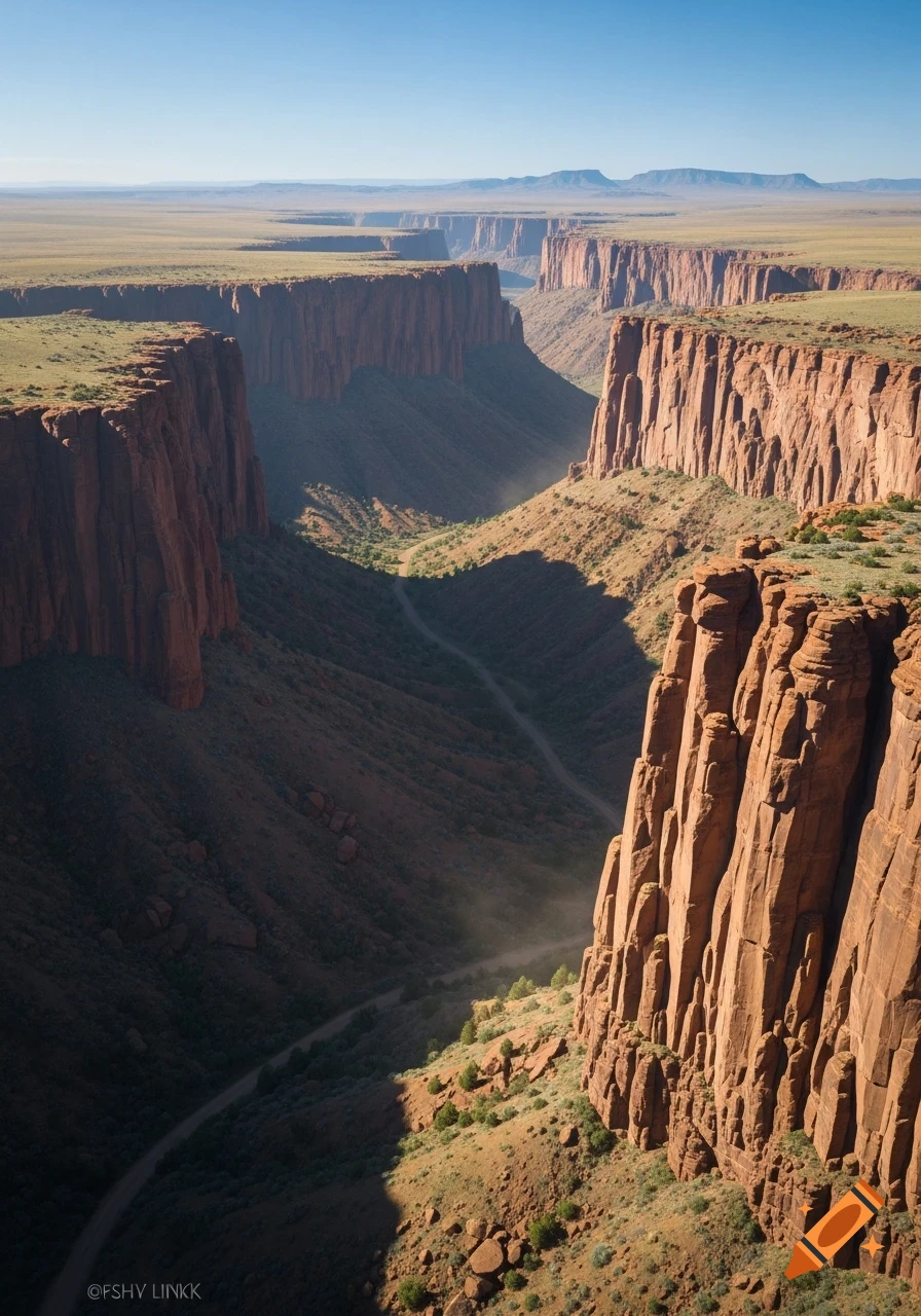 An aerial view of a vast canyon with towering red rock cliffs, green vegetation, and a winding road through the valley.