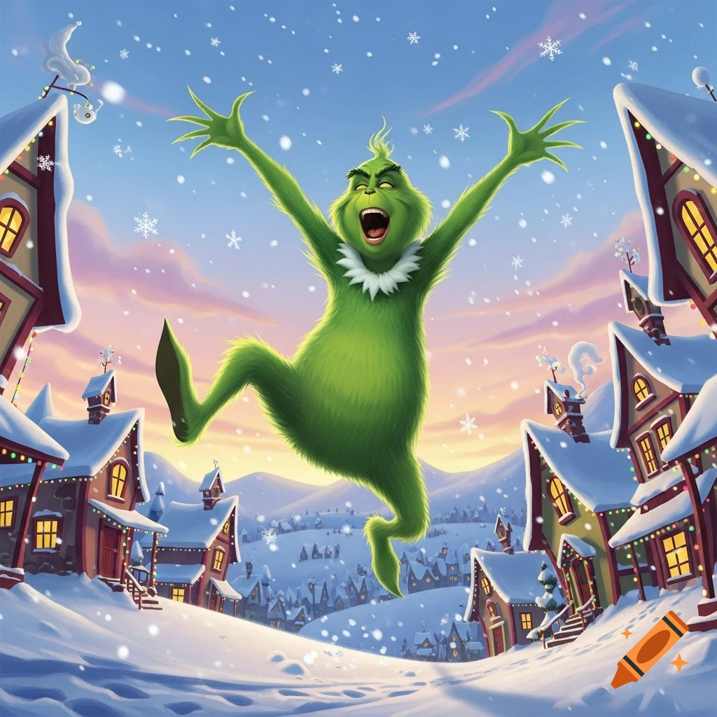 The Grinch joyfully jumps with arms raised in a snowy village, under a twilight sky with falling snowflakes, in a cartoon style.