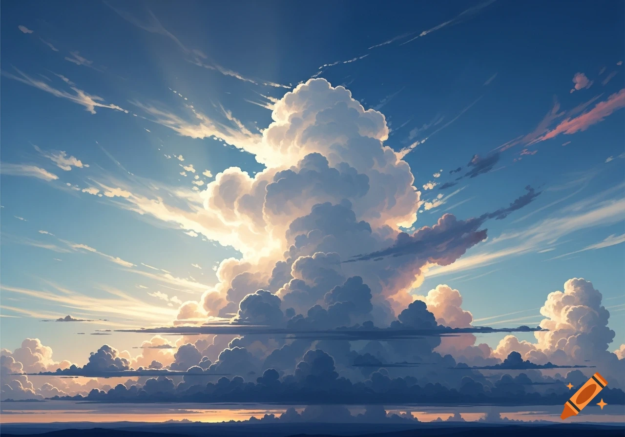 Expansive blue sky filled with numerous large, sunlit cumulus clouds, with distant darker clouds and horizon, in an anime art style.