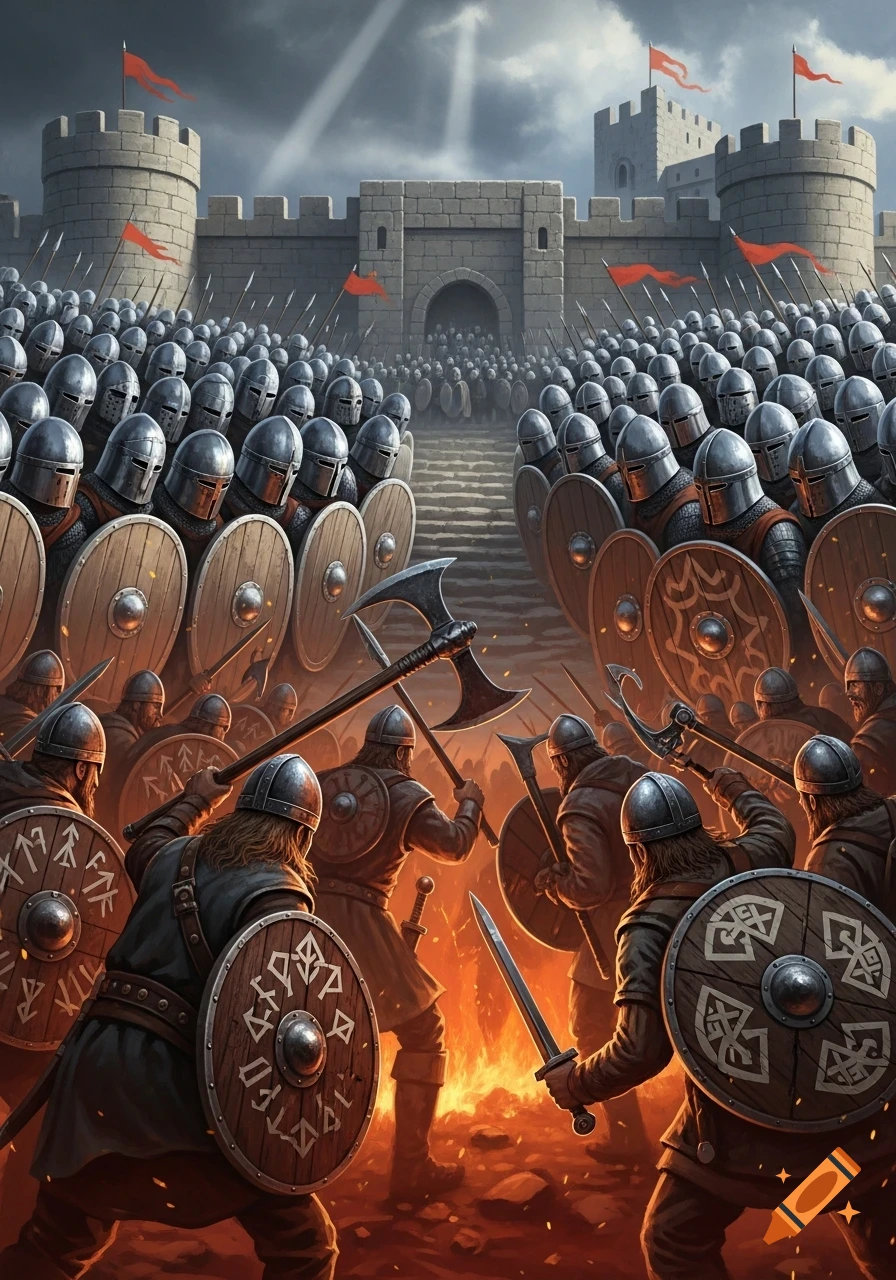Viking warriors with shields and axes charge a castle, meeting an opposing army in a fiery battle scene.