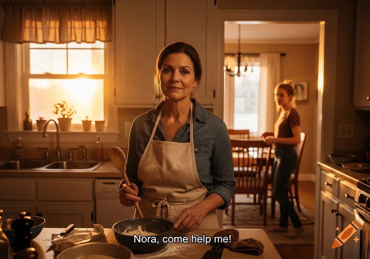 A photorealistic image of a mother in an apron cooking in a sunlit kitchen, calling to her daughter visible in the dining room.