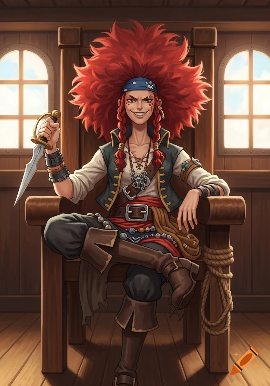 A whimsical, red-headed pirate woman with wild frizzy hair, holding a dagger, sits in a wooden chair on a ship.
