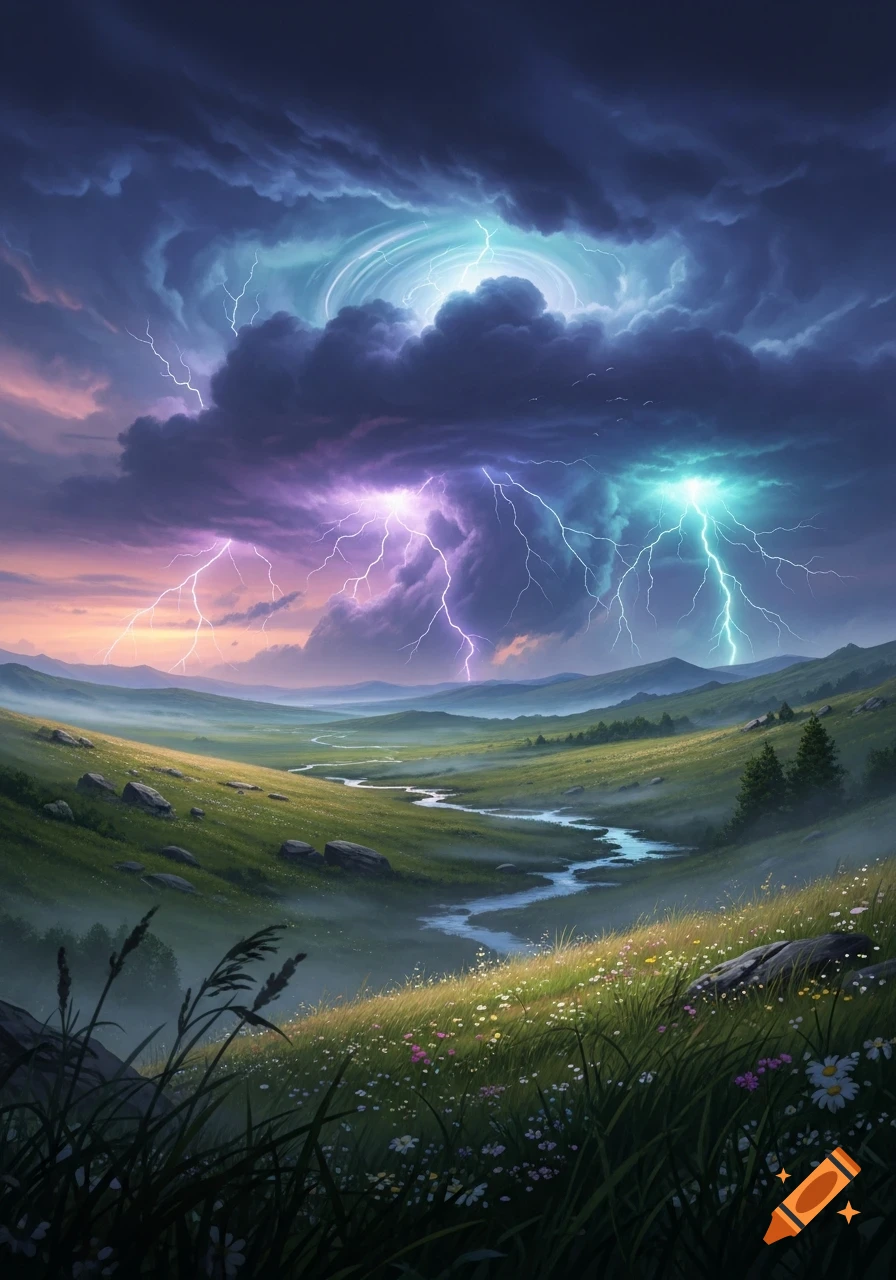 A vibrant fantasy landscape with a river and wildflowers in a green valley under a storm sky with purple and turquoise lightning.