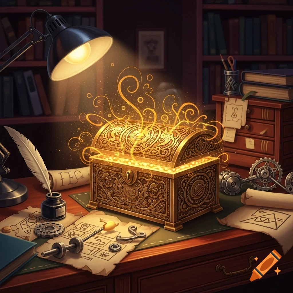An ornate golden treasure chest emits a magical glow on a cluttered desk with a quill, ink, and papers under a desk lamp.
