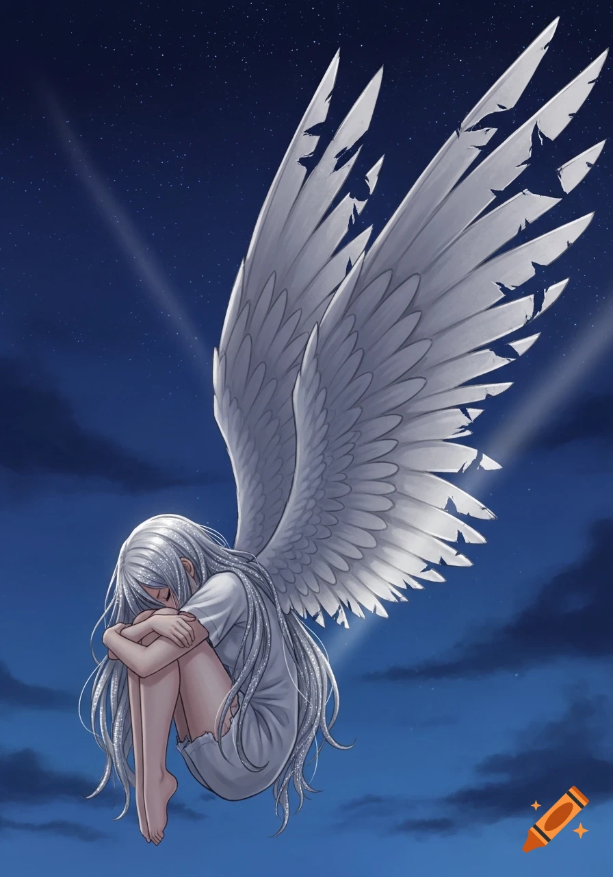 A sad, white-haired anime girl with large, damaged white wings floats in a starry night sky, hugging her knees.