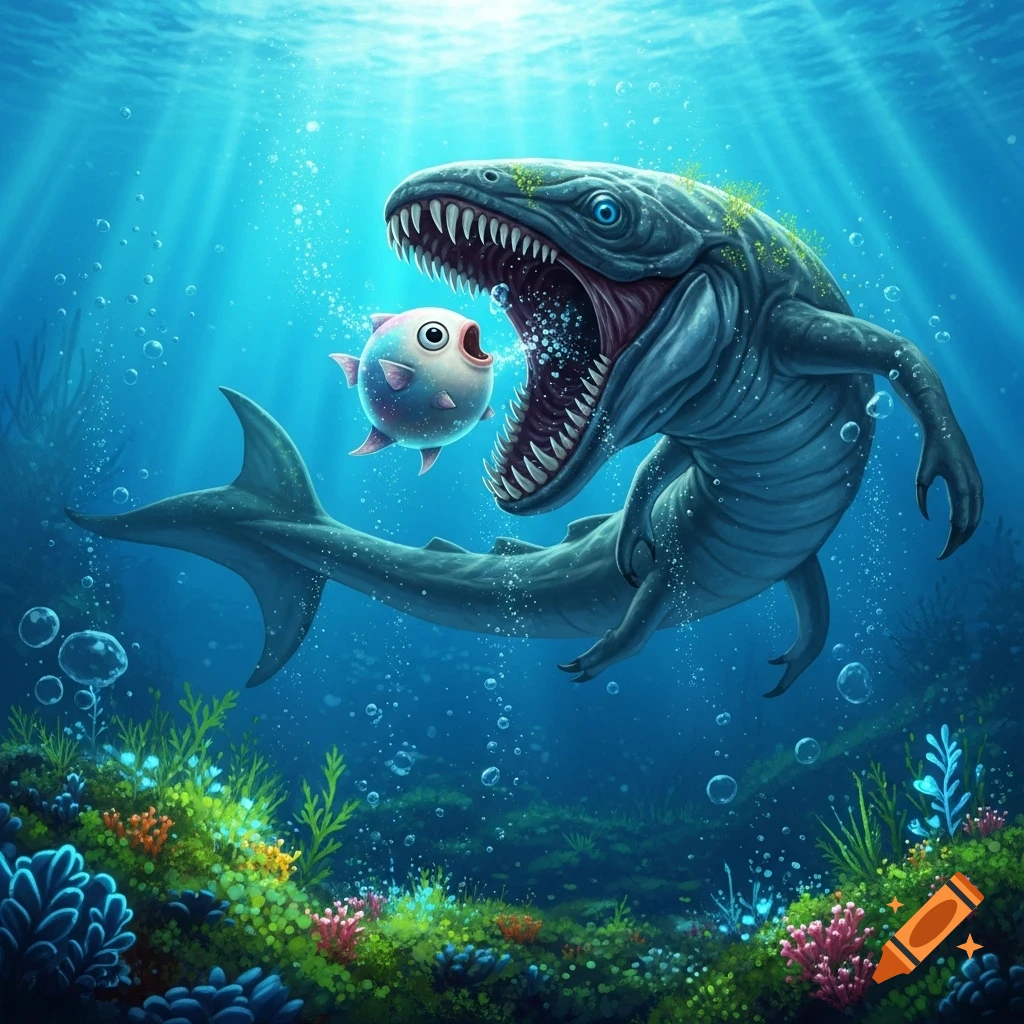 A large, fierce blue sea monster with sharp teeth open wide about to eat a tiny, round pink fish in a vibrant, stylized underwater illustration with colorful coral.