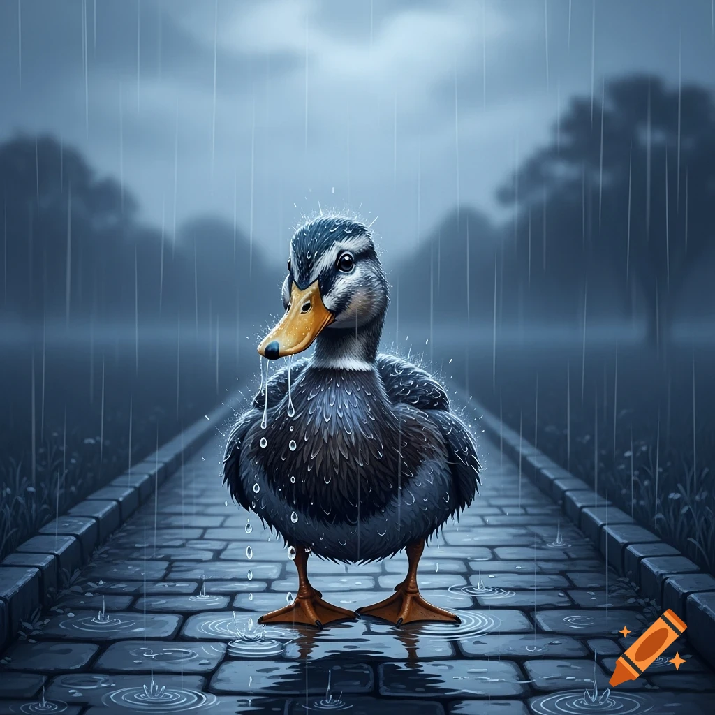 A dark-feathered duck with a yellow beak stands on a wet cobblestone path in heavy rain, looking sad. Digital illustration.