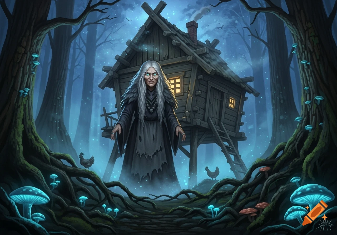 An old witch with glowing eyes stands before a rustic hut on stilts in a dark, mystical forest with glowing mushrooms, in a fantasy art style.