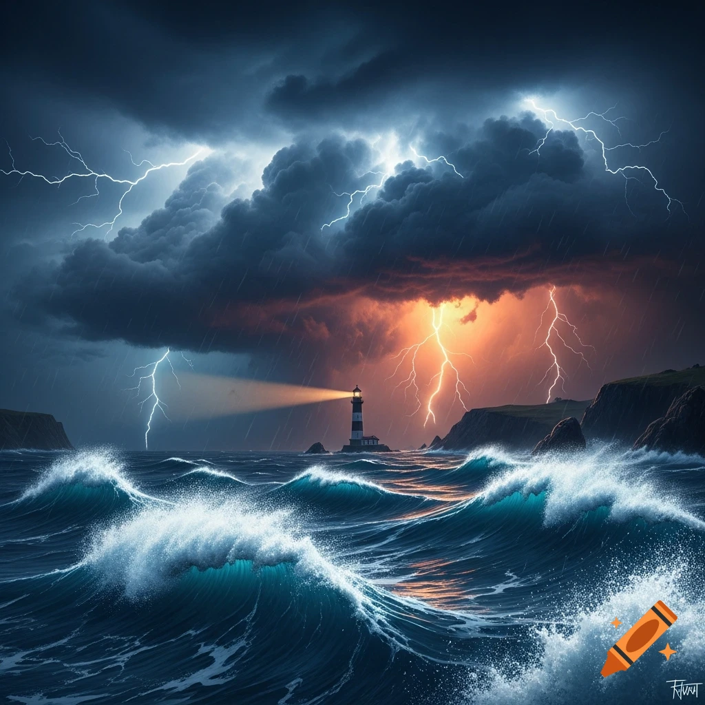 A dramatic stormy seascape with a lighthouse beacon cutting through heavy rain and lightning, rough waves crashing on the shore.