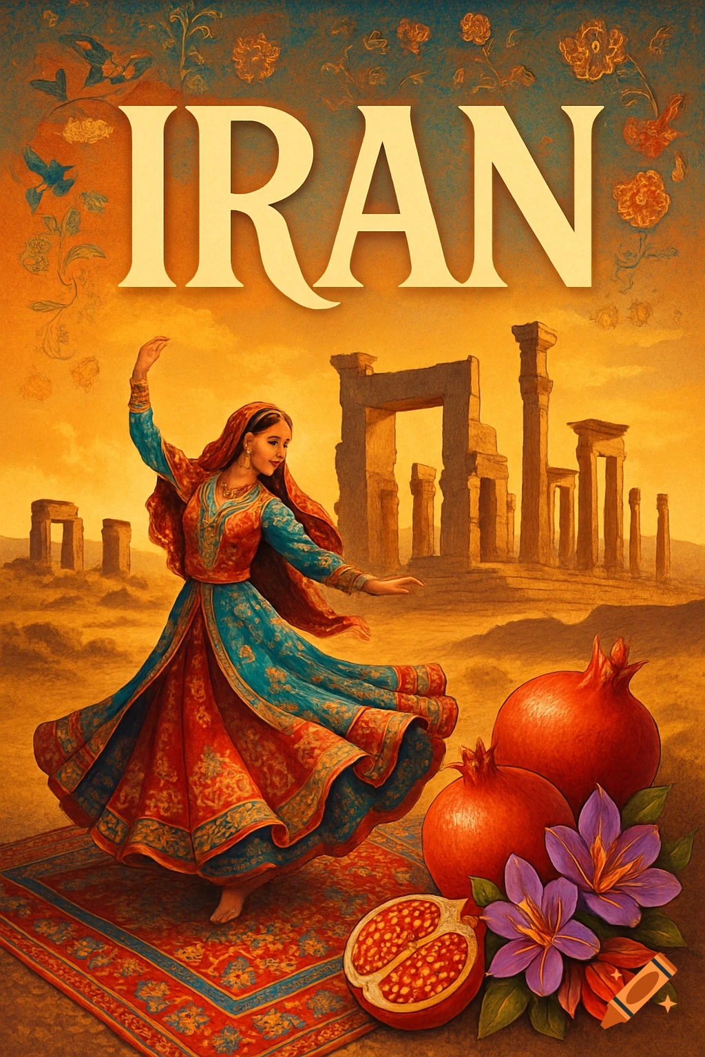 A woman in traditional Iranian dress dances on a Persian rug, with ancient ruins and pomegranates in a vibrant, illustrative style. 'IRAN' text at top.