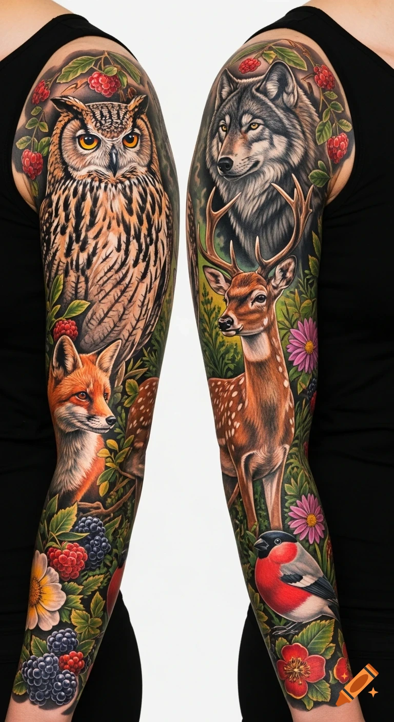 Two arms with realistic full sleeve tattoos of an owl, fox, wolf, deer, and bullfinch surrounded by colorful flowers and berries.
