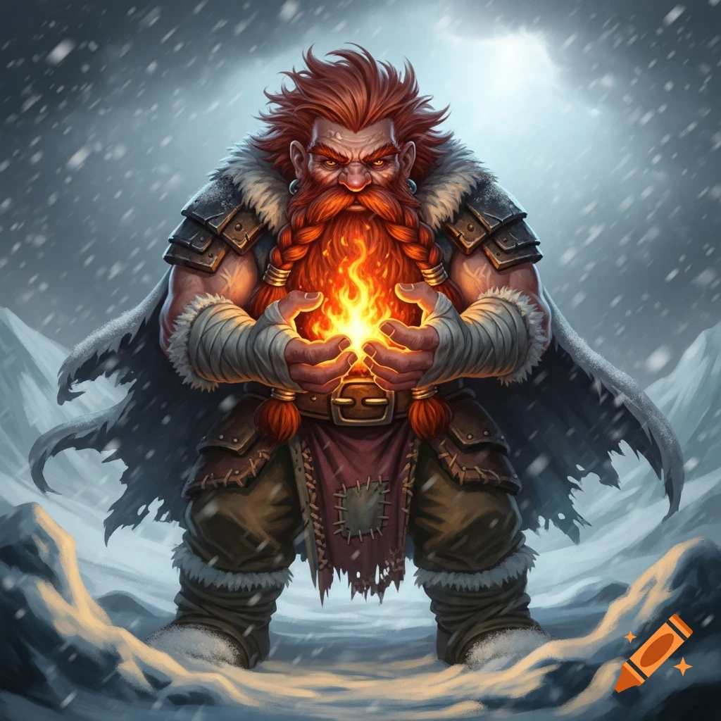 A red-haired dwarf with a wild look holds fire in his clasped palms in a snowy blizzard, fantasy digital art.