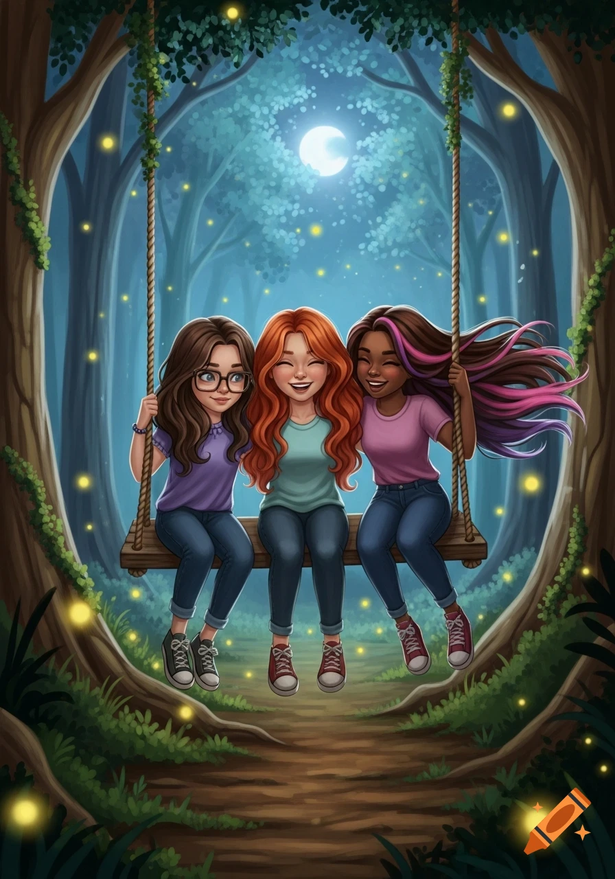 Three smiling cartoon girls sit on a swing in an enchanted forest filled with glowing fireflies under a full moon.