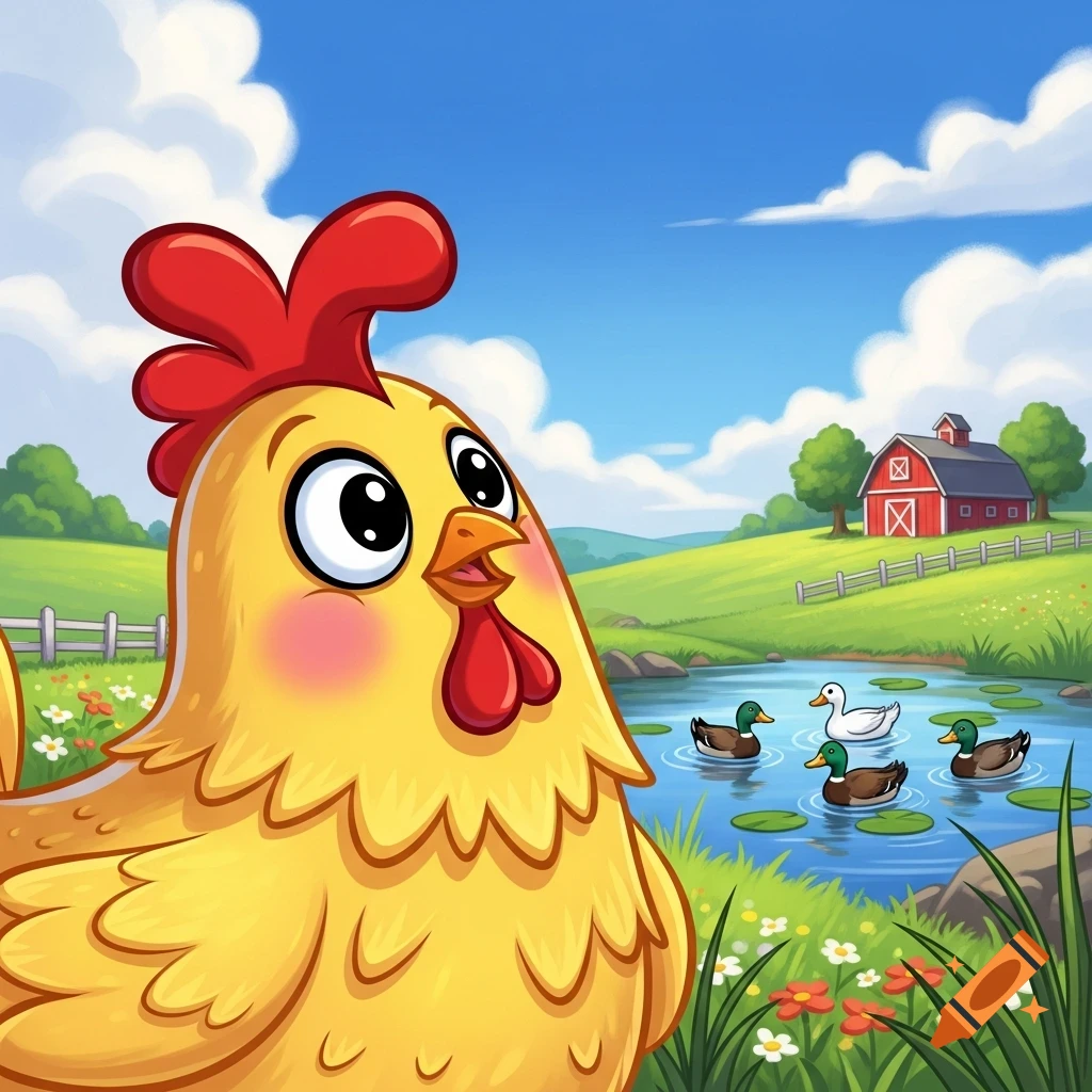 A cheerful cartoon chicken looks at ducks swimming in a pond on a bright farm with a red barn.
