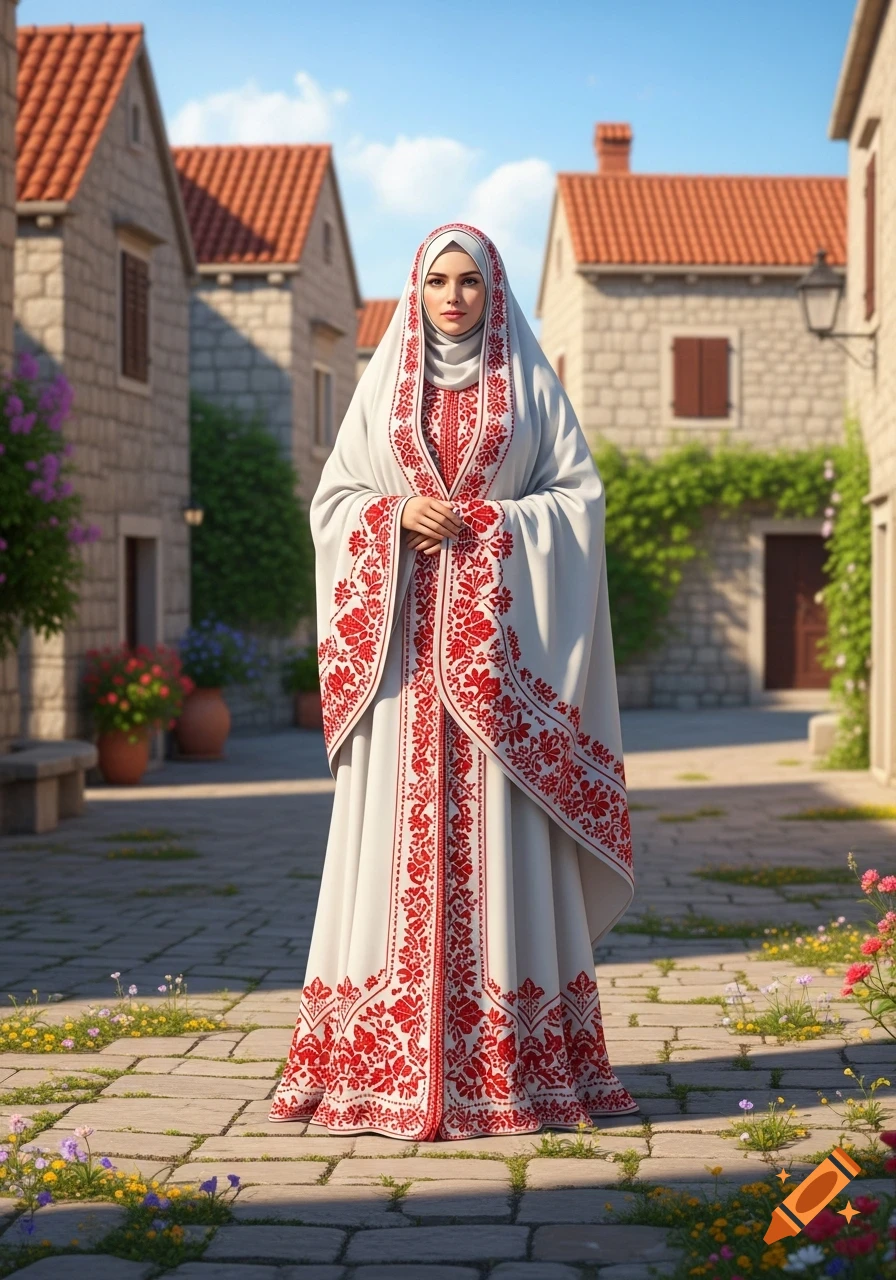 Full-length photorealistic portrait of a woman in white and red embroidered traditional attire, standing in a stone alleyway.