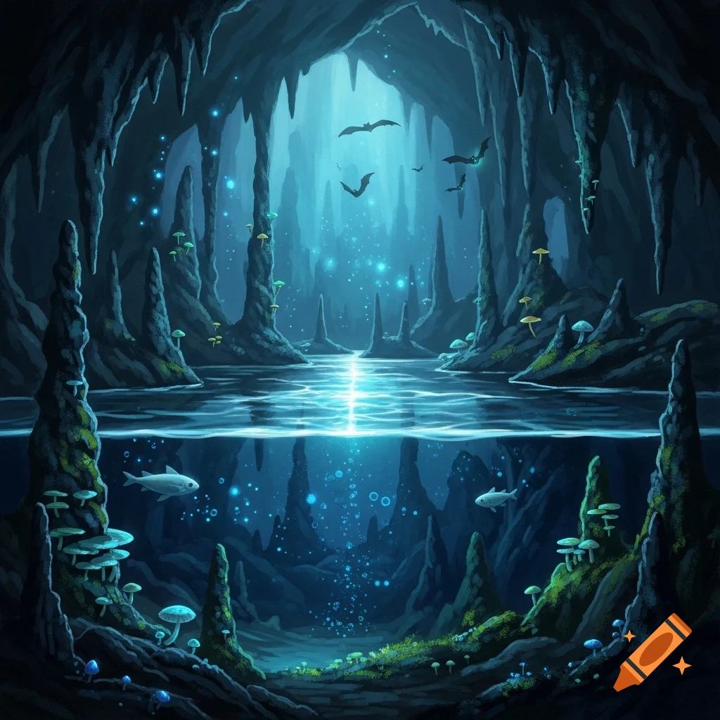 A vibrant fantasy cave with glowing mushrooms, bats, and fish, showing both above and below a reflective body of water.