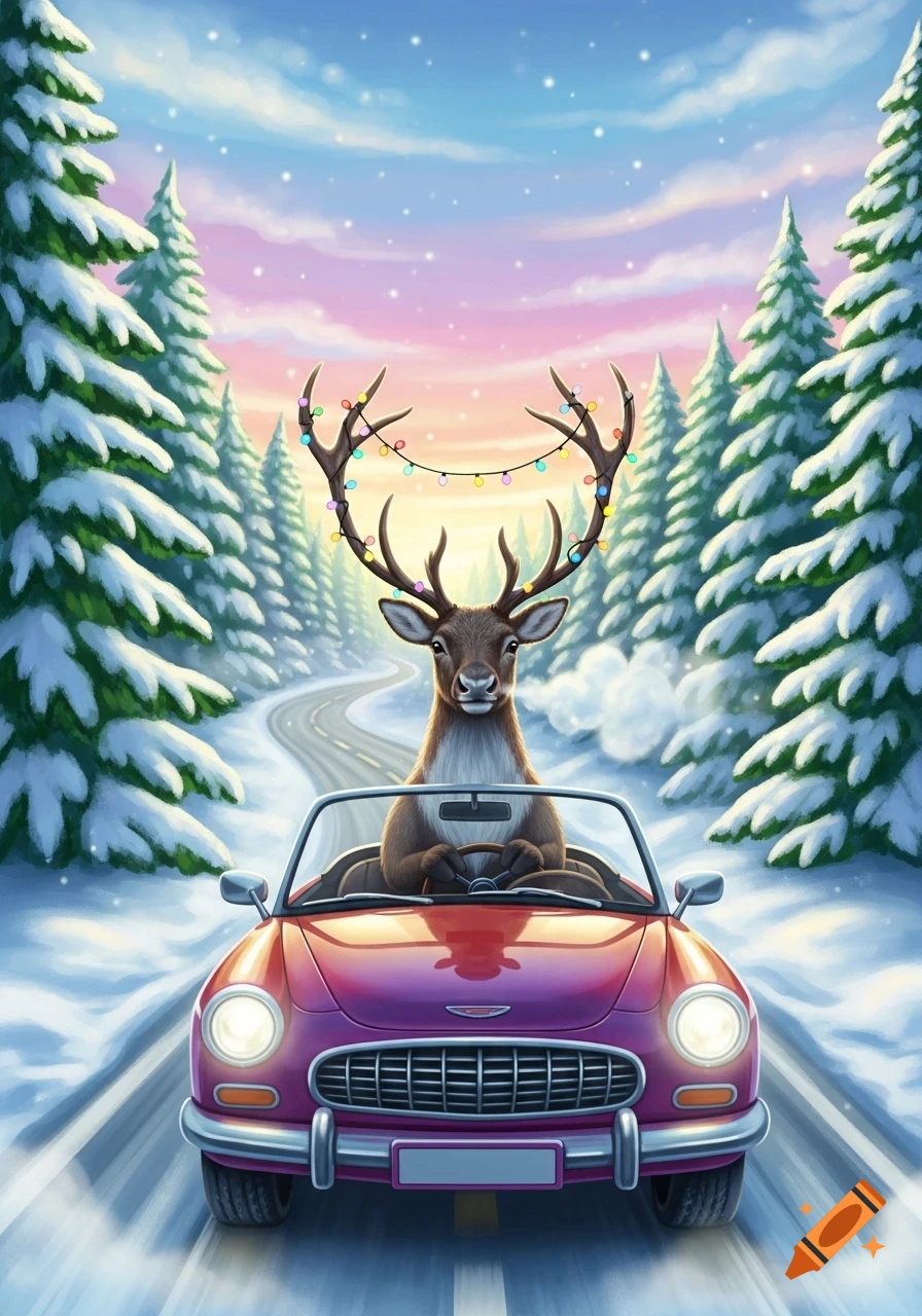A festive reindeer with Christmas lights on its antlers drives a red convertible on a snowy road through a pine forest in a vibrant illustration.