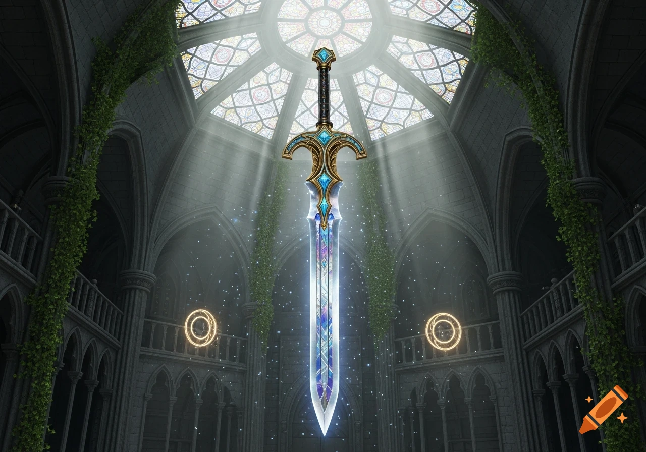 A glowing, ornate fantasy sword stands upright in a grand cathedral with stained glass and ivy, bathed in sunbeams.