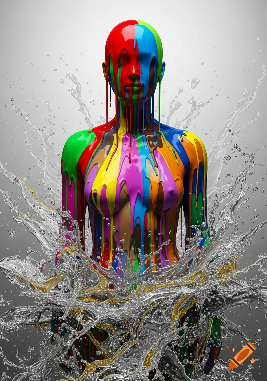 A colorful, paint-covered mannequin-like figure emerges from turbulent water splashes with golden streaks.