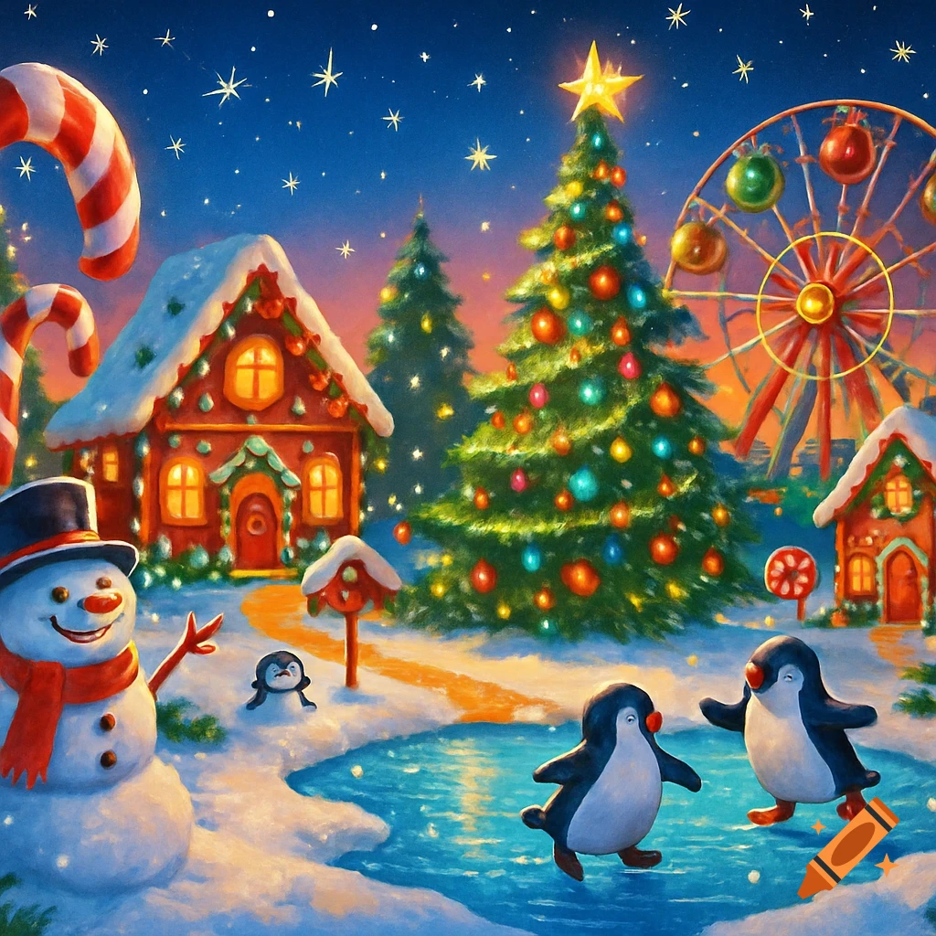 A bright, festive Christmas theme park scene at night with a snowman, ice-skating penguins, gingerbread houses, a decorated tree, and a Ferris wheel.