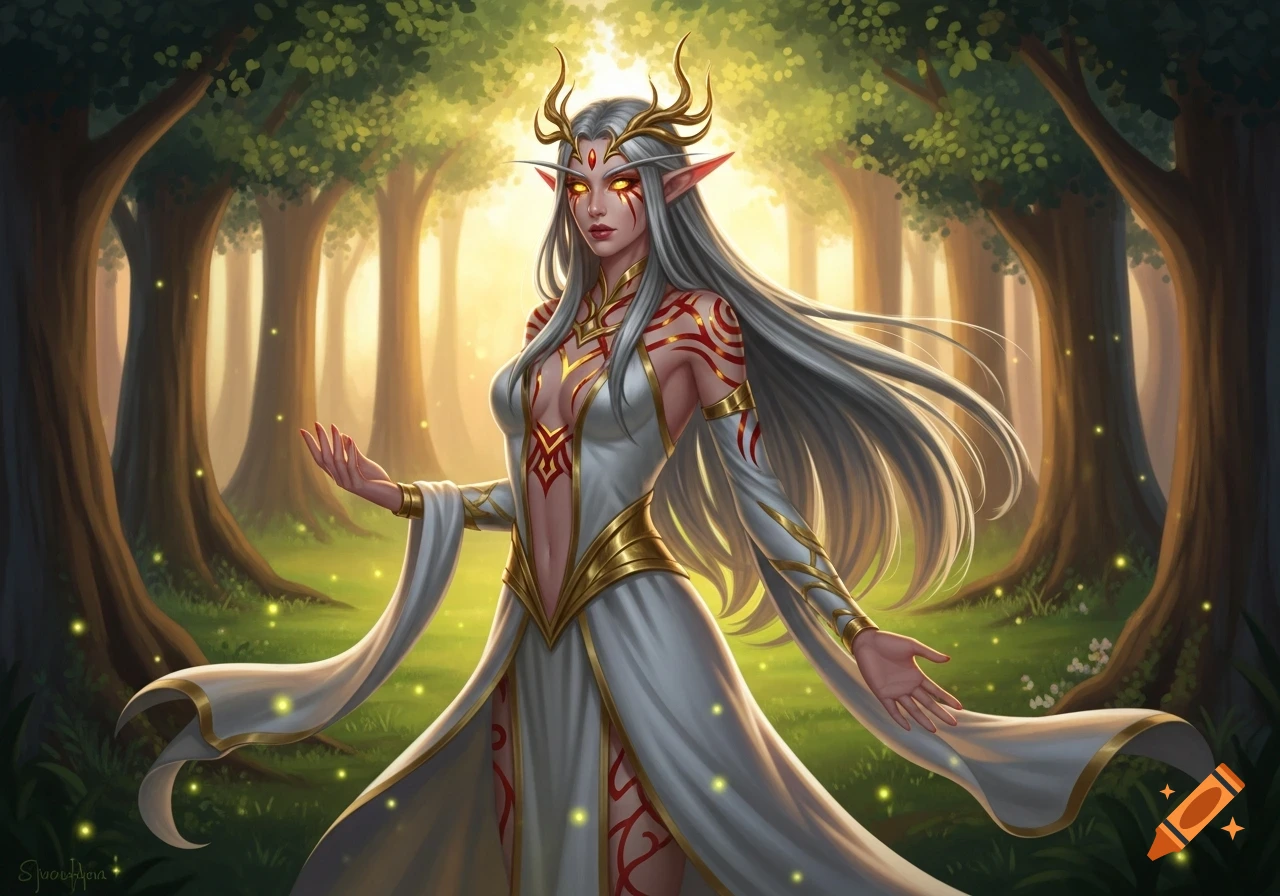 Illustration of a white-haired elf with golden horns, gold eyes, and red tattoos, wearing a white and gold dress in a glowing forest.