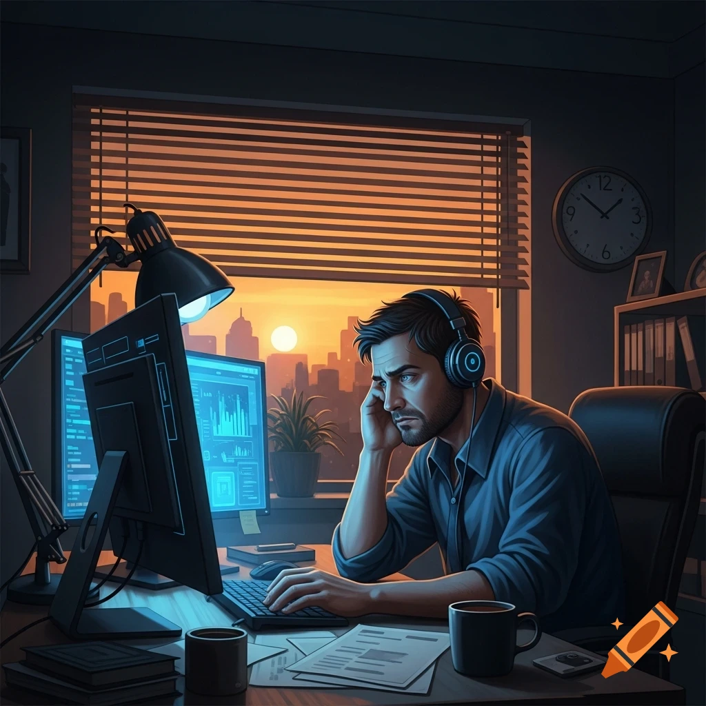 A man wearing headphones works on a computer, looking tired, with a city skyline and sunset visible outside his office window. Digital art.
